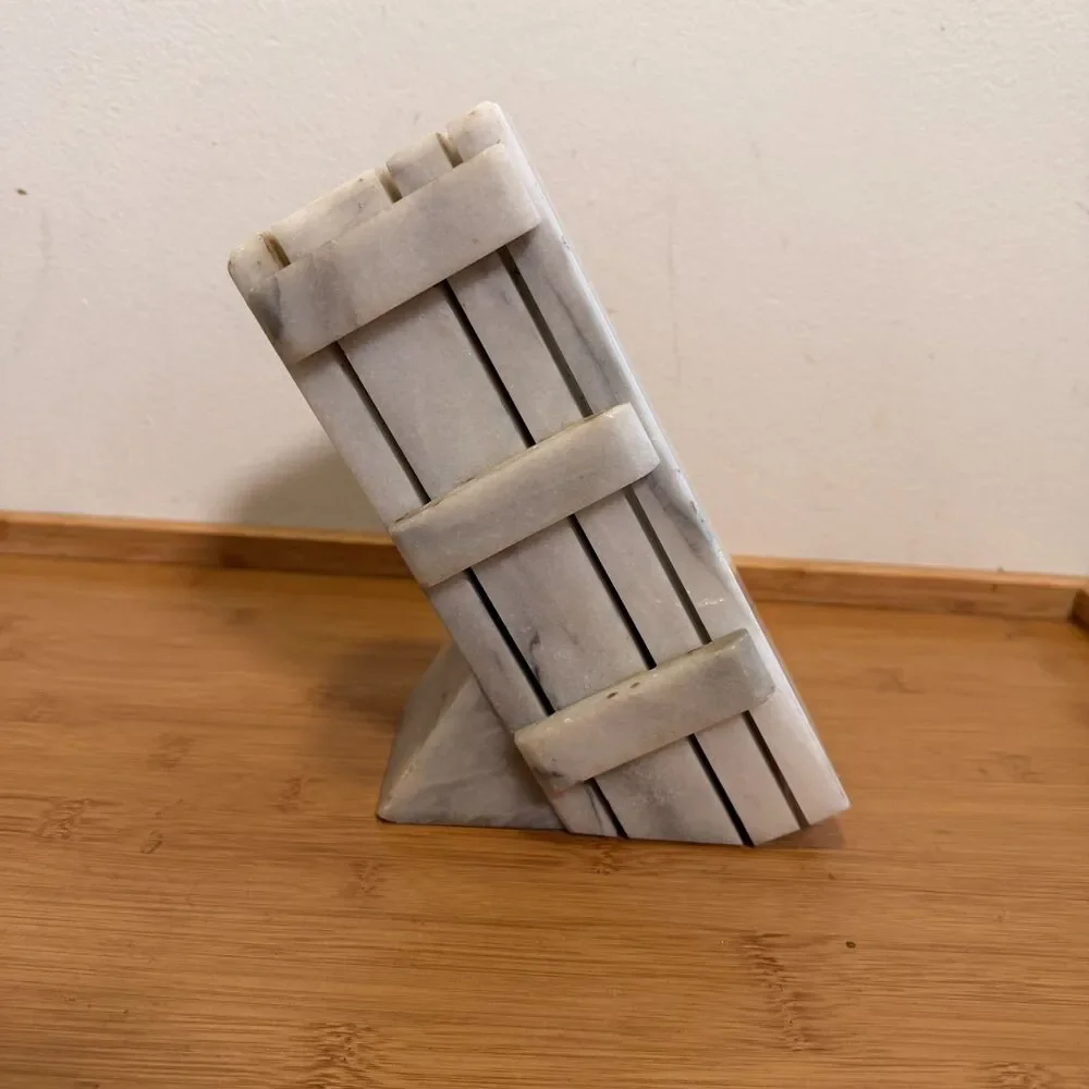 Vintage Marble Knife Block 6 Slot Heavy White Gray Stone Countertop Holder